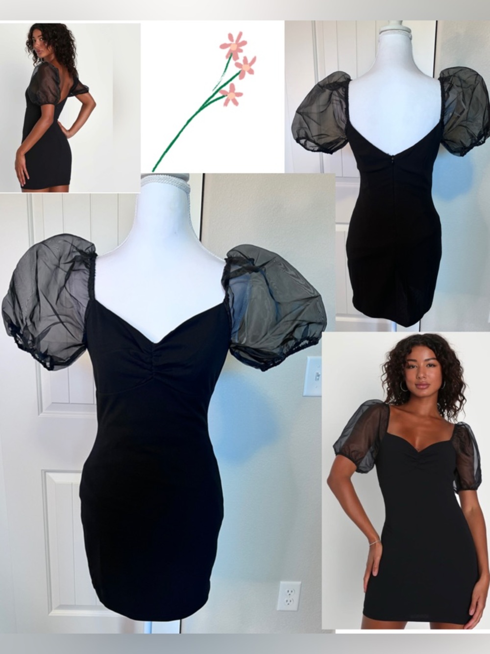 Lulu's Black Mini Dress Sheer Puff Sleeves Body Con Sz Small